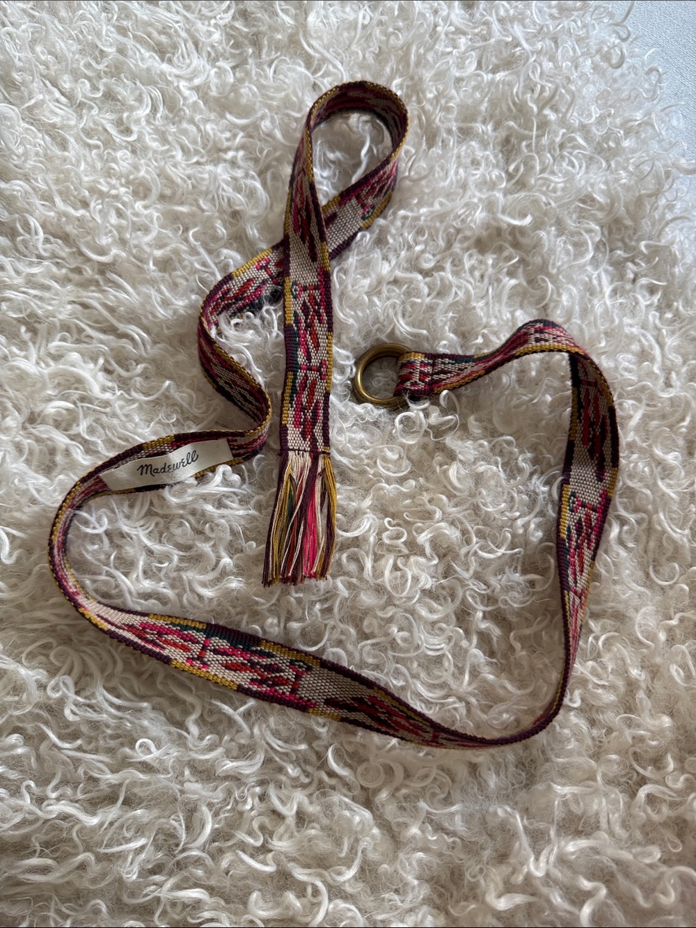 NWOT Madewell Burgundy Pink Yellow Woven Tassel Belt. 43 inches in length